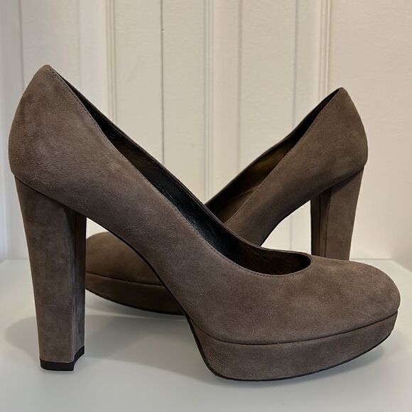 Stuart Weitzman Taupe Suede Platform Block Heel Slip On Shoes Size 9.5 - Picture 2 of 13